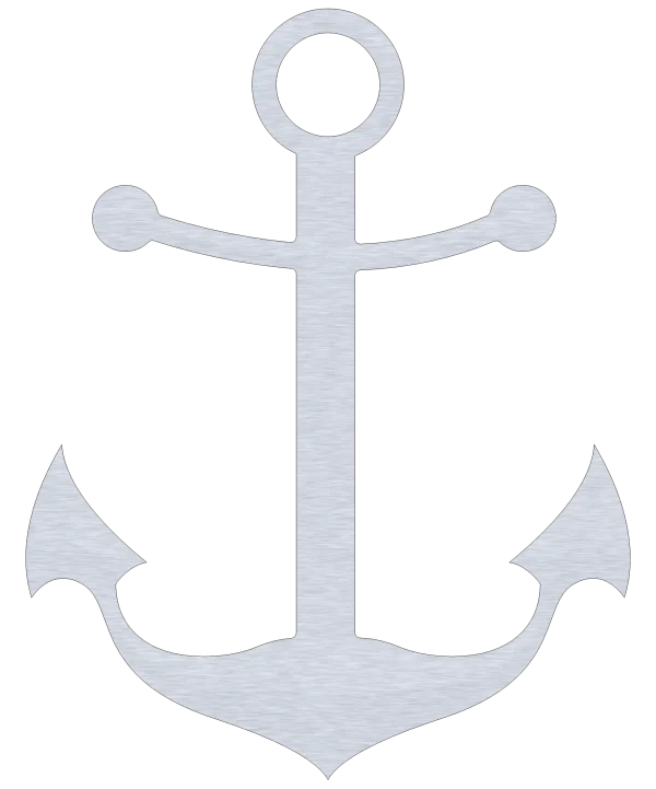 A sleek, laser-cut aluminum anchor silhouette with a silver finish, featuring a classic design with curved flukes and a round stock. The anchor is displayed against a plain black background, highlighting its bold and timeless nautical theme. The smooth edges and symmetrical design make it an eye-catching piece suitable for various interior settings.